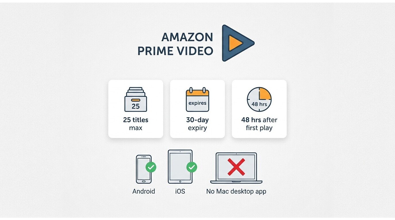 Amazon Prime Video official download limits: 25 titles, 30-day expiry, 48-hr playback window, no mac