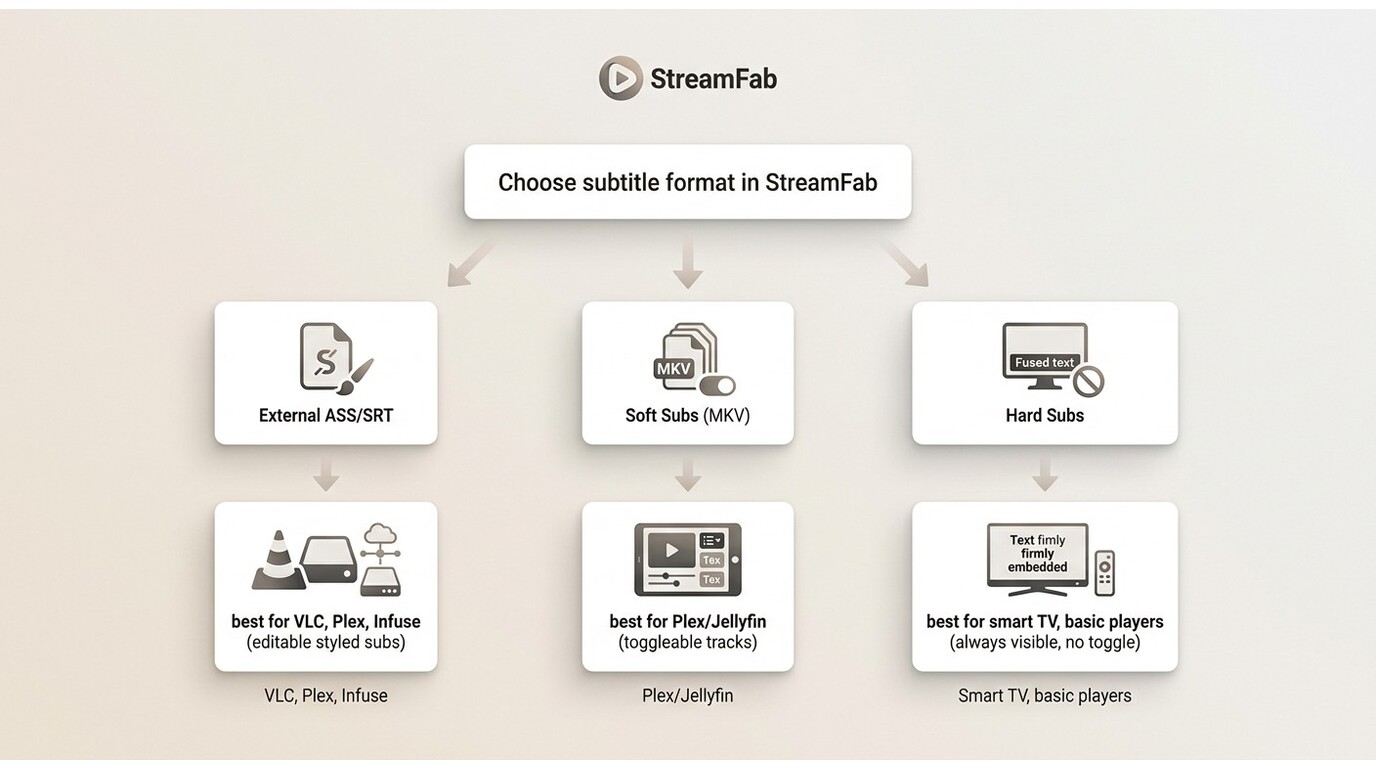StreamFab subtitle format decision guide: ASS/SRT for VLC and Plex, soft subs for Jellyfin, hard sub