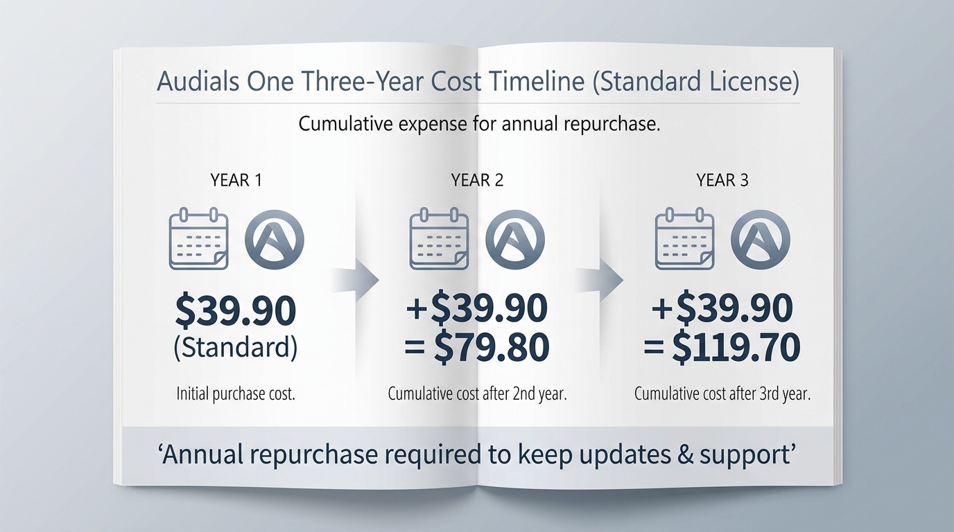 Audials One 3-year cumulative cost: $39.90 per year adds up to $119.70 by year 3 under the annual re