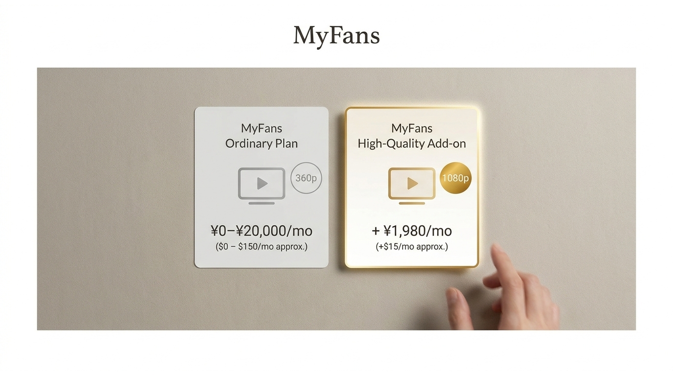 MyFans plan comparison: Ordinary plan at 360p vs High-Quality add-on at 1080p with approximate month