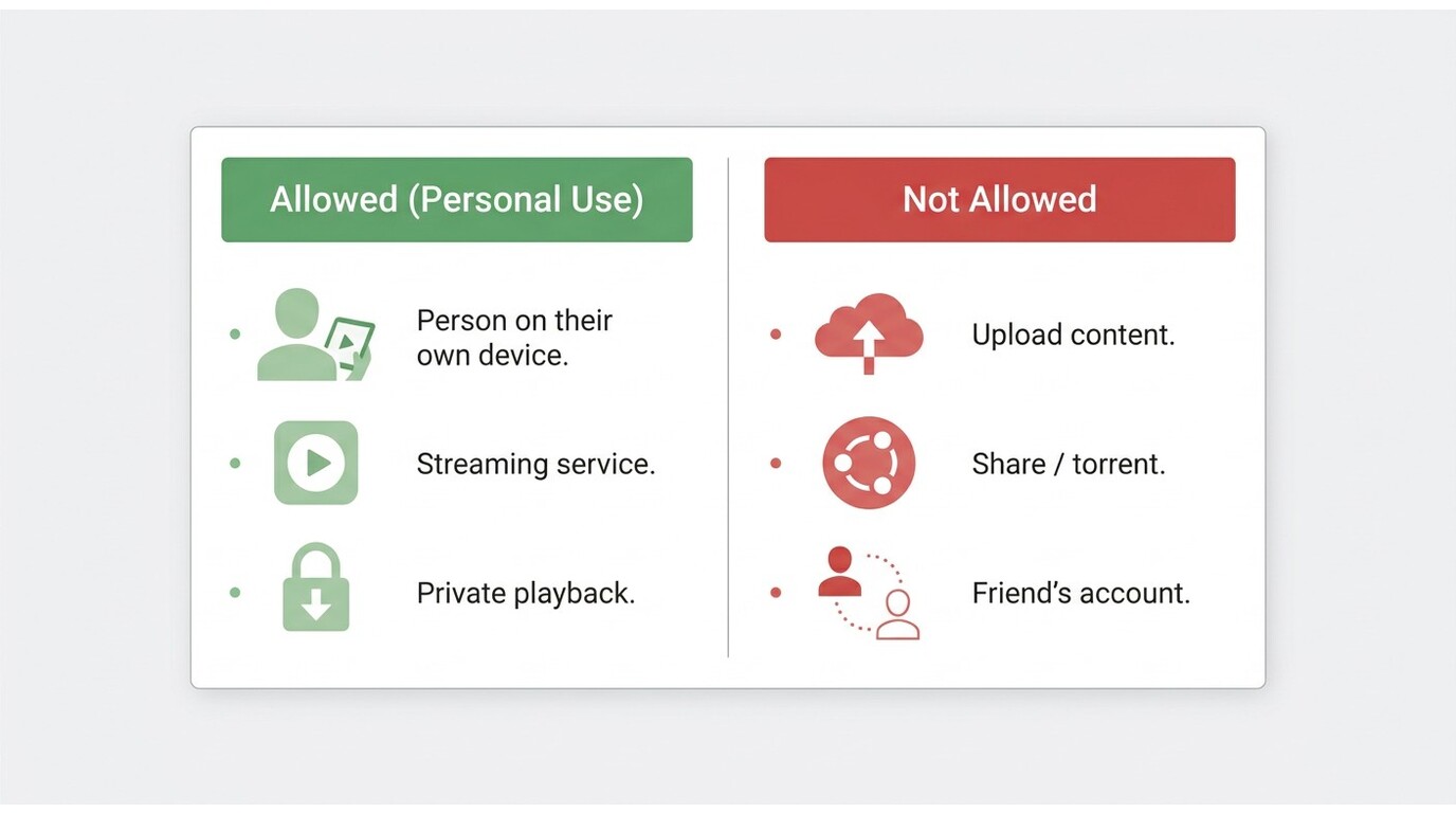 Allowed vs. not allowed: saving Amazon Prime Video for personal use is tolerated; uploading or shari