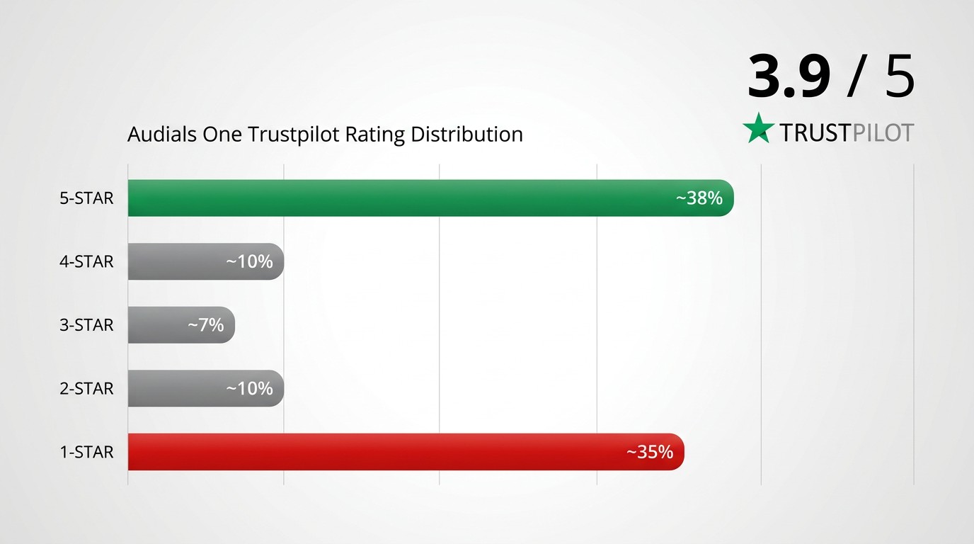 Audials One Trustpilot rating breakdown: 38% five-star and 35% one-star out of 386+ reviews, overall