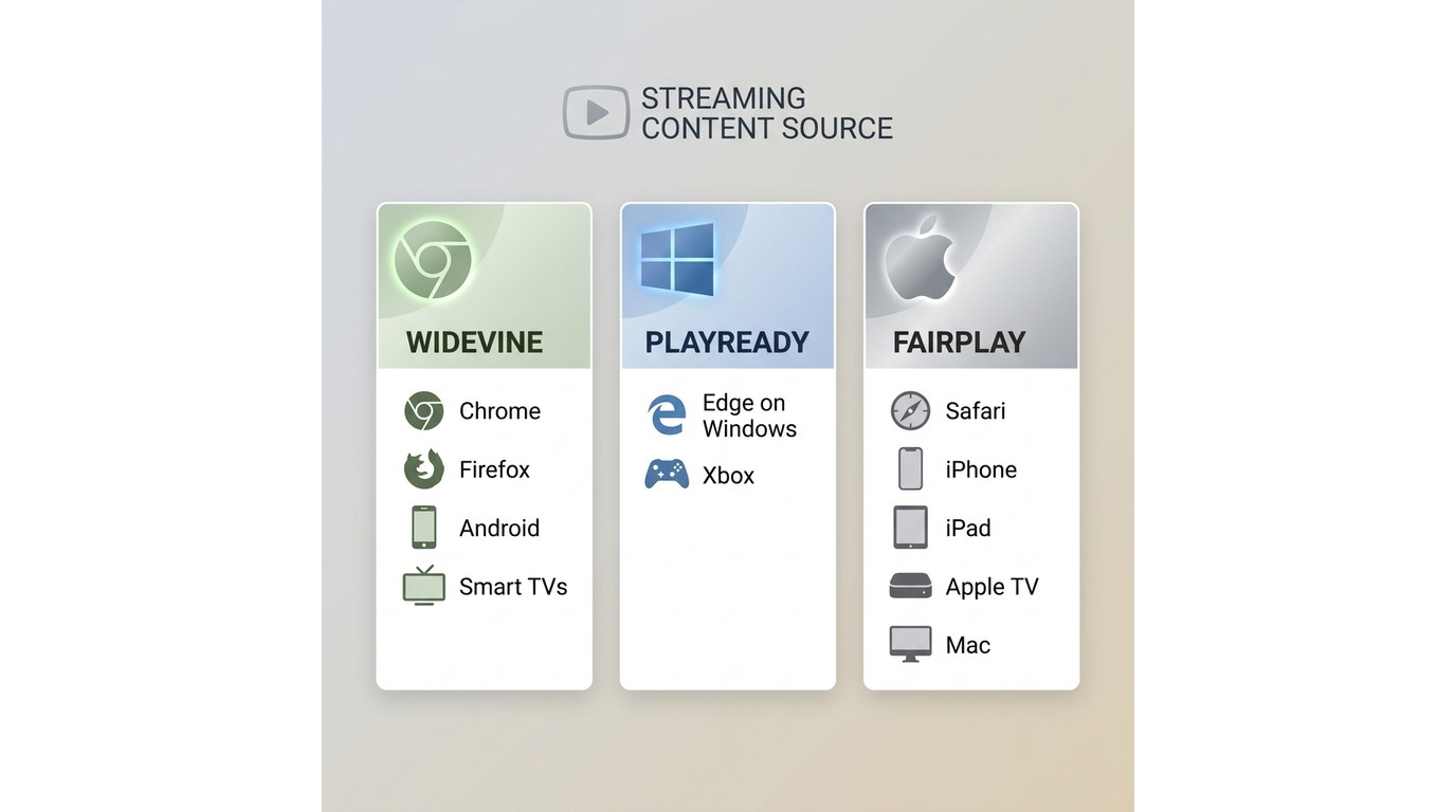 Widevine covers Chrome/Firefox/Android, PlayReady covers Edge/Xbox, FairPlay covers Safari/Apple dev