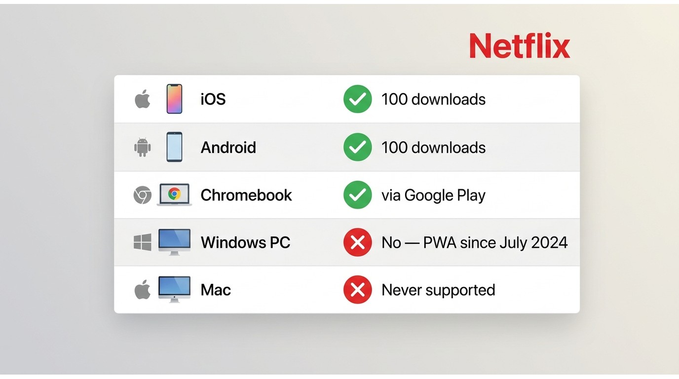 Netflix download support by device: iOS/Android/Chromebook supported, Windows PC and Mac not support