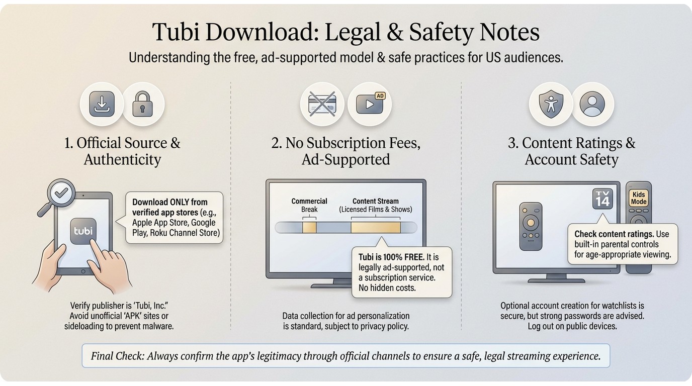 Legal and safety notes before downloading tubi