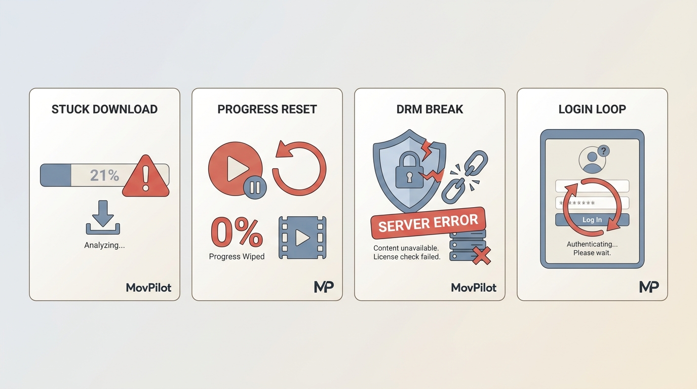 MovPilot's four 2026 failure modes: stuck download at 21%, Netflix progress reset, DRM server error,