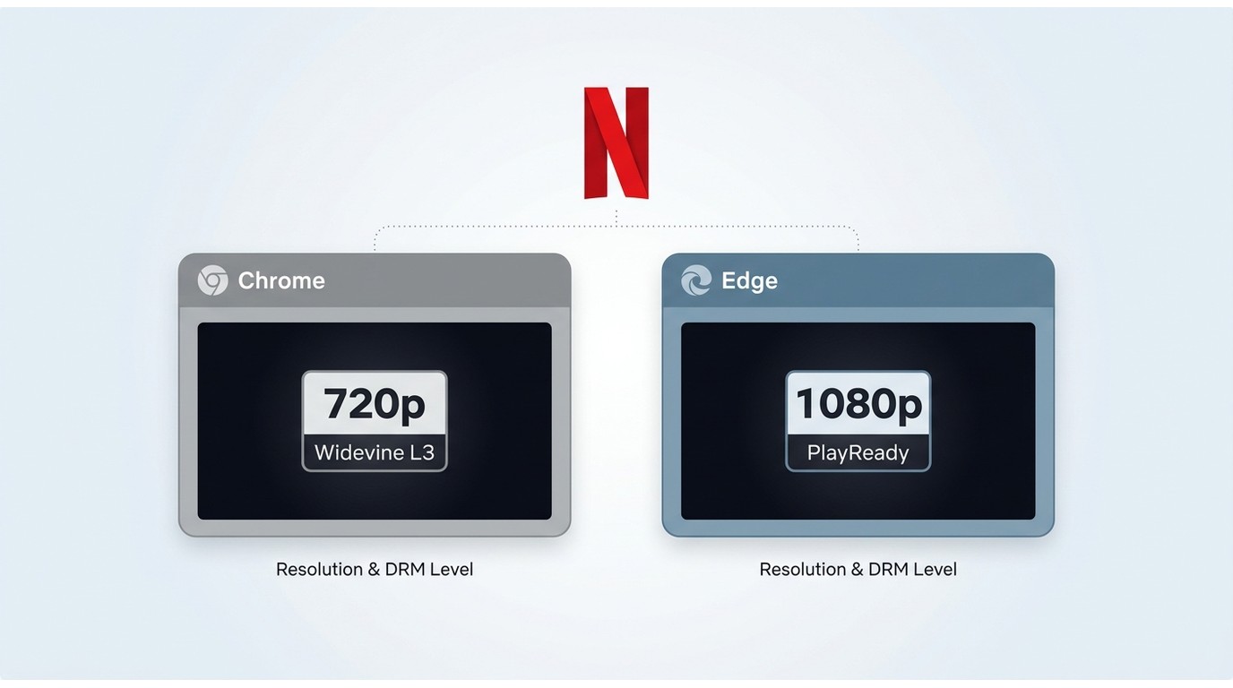 Chrome on Netflix streams at 720p via Widevine L3; Edge streams at 1080p via PlayReady on the same P