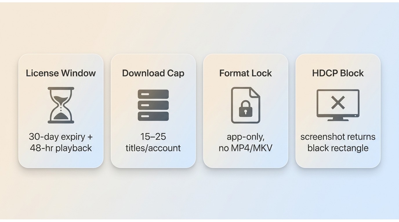 Four DRM restrictions: 30-day license window, 15–25 title download cap, format lock to official app,