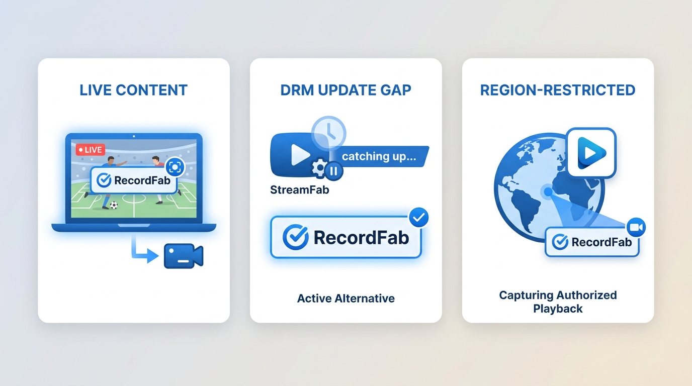 Three RecordFab use cases: live sports with no download option, DRM update gap days, and region-rest