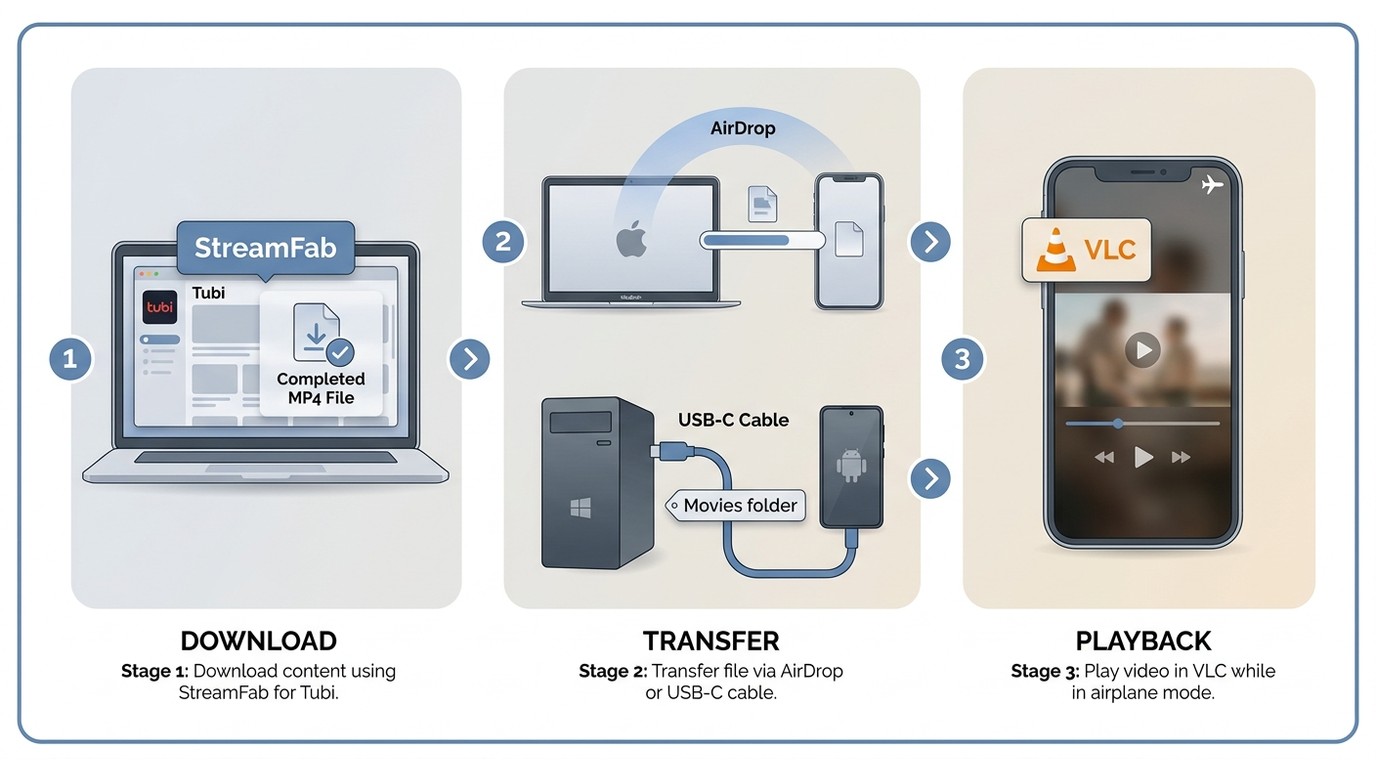 3-step Tubi offline transfer: save MP4 with StreamFab on PC, AirDrop or USB to phone, play in VLC on