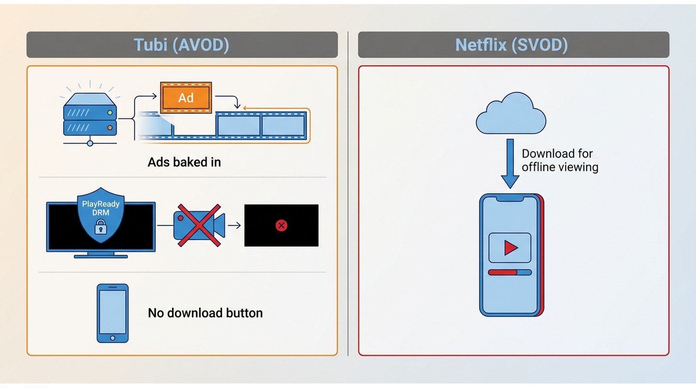 Tubi vs Netflix offline model: Tubi blocks downloads via PlayReady DRM and server-side ads; Netflix 