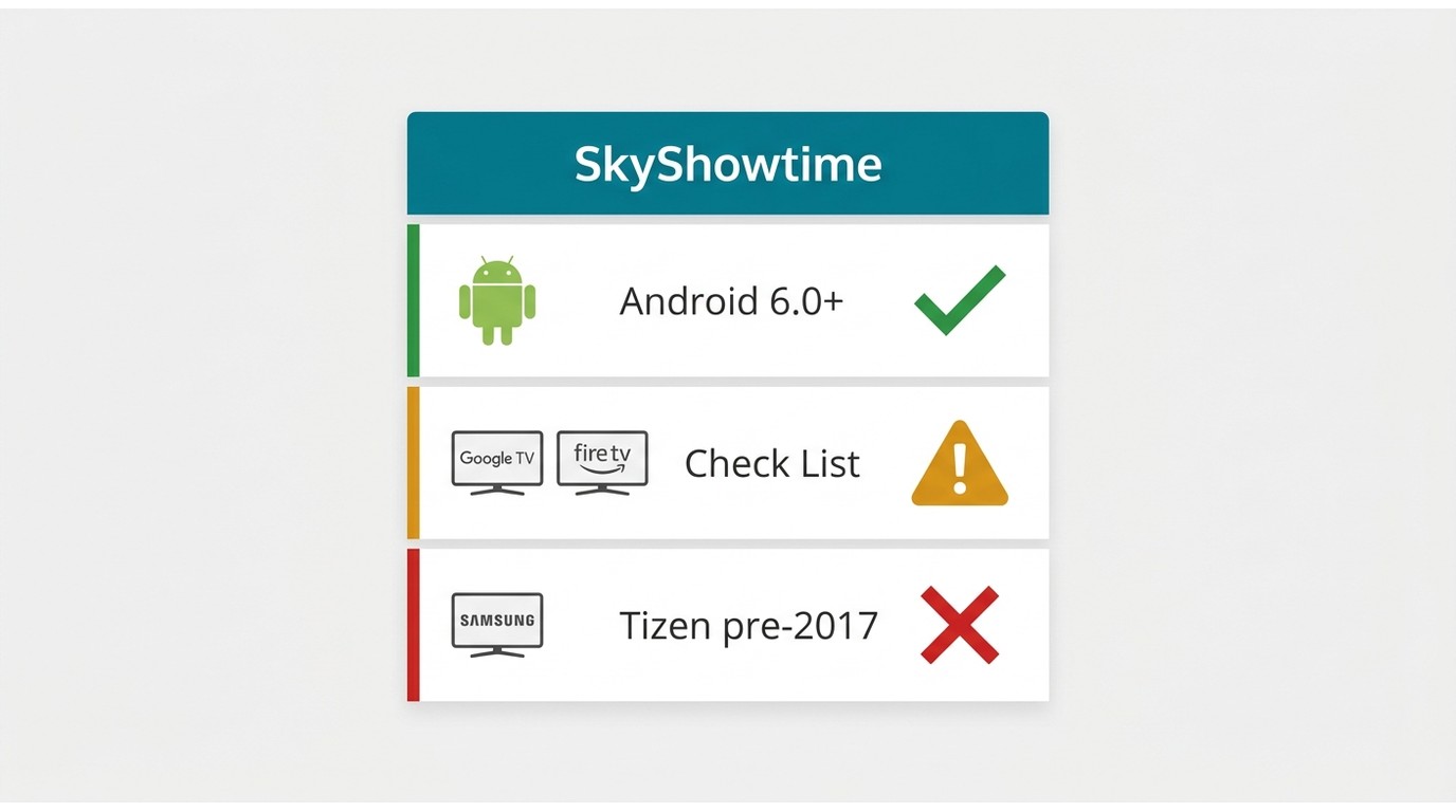 SkyShowtime device compatibility: Android supported, Google TV conditional, Samsung Tizen pre-2017 u
