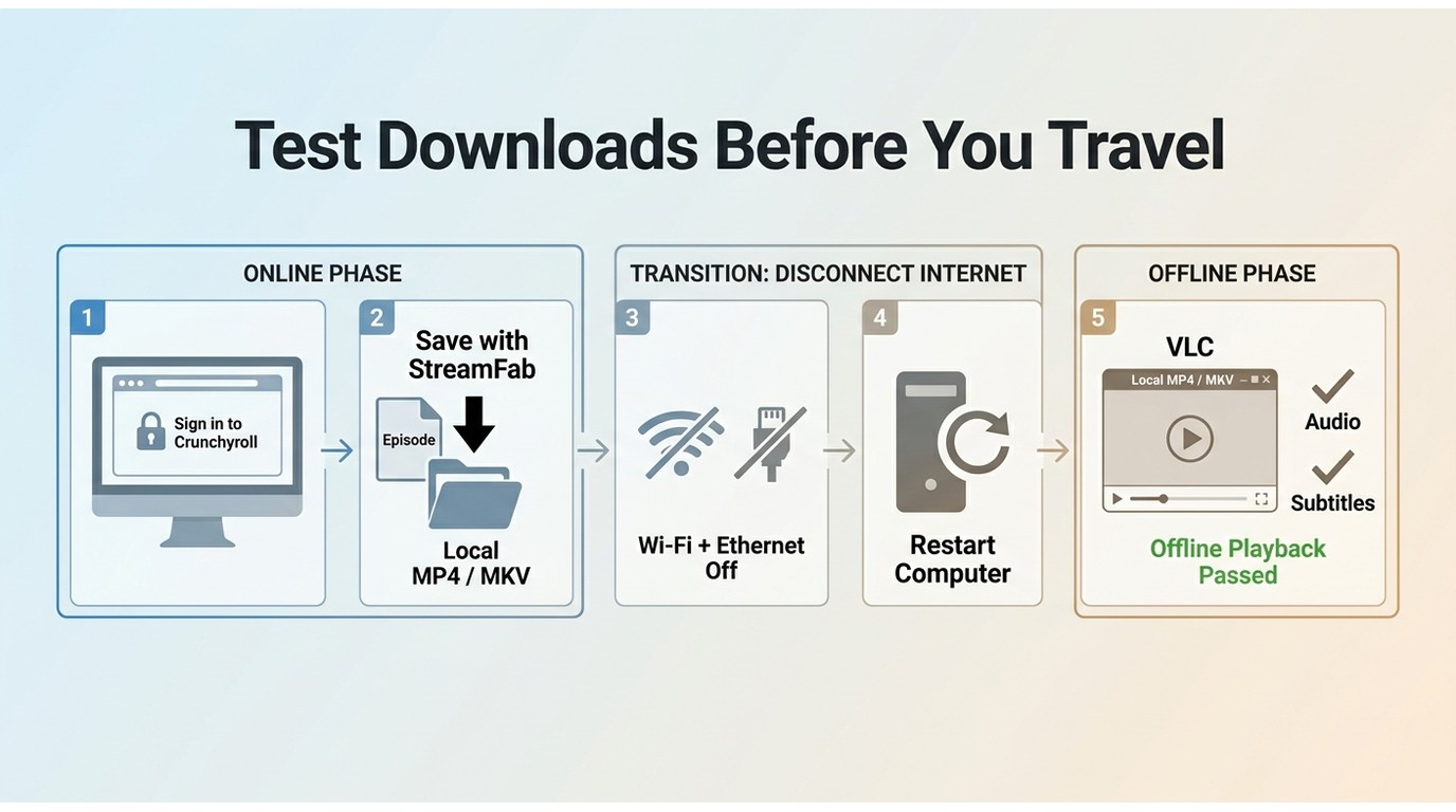 Crunchyroll preflight test: download, go offline, restart, and verify audio and subtitles