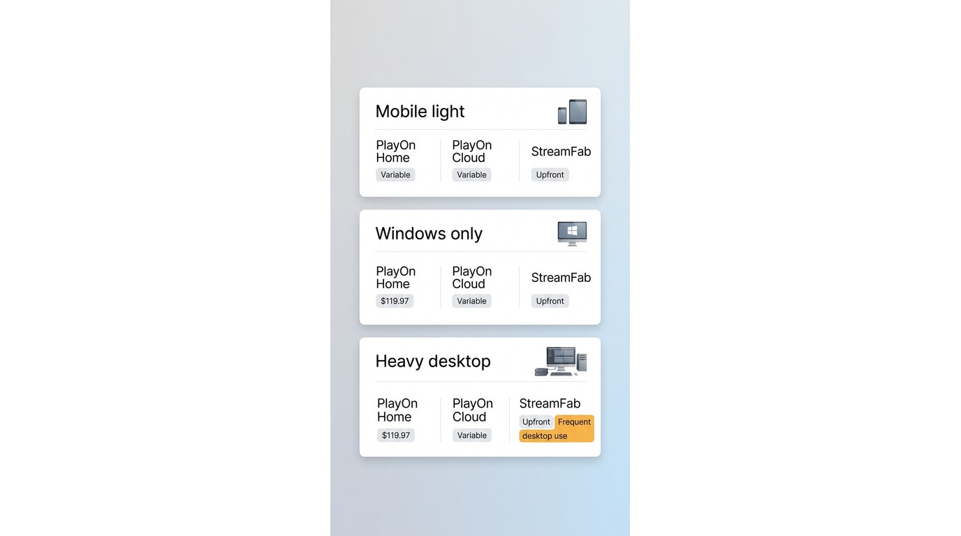 Three-year value comparison of PlayOn Home, PlayOn Cloud, and StreamFab by user type