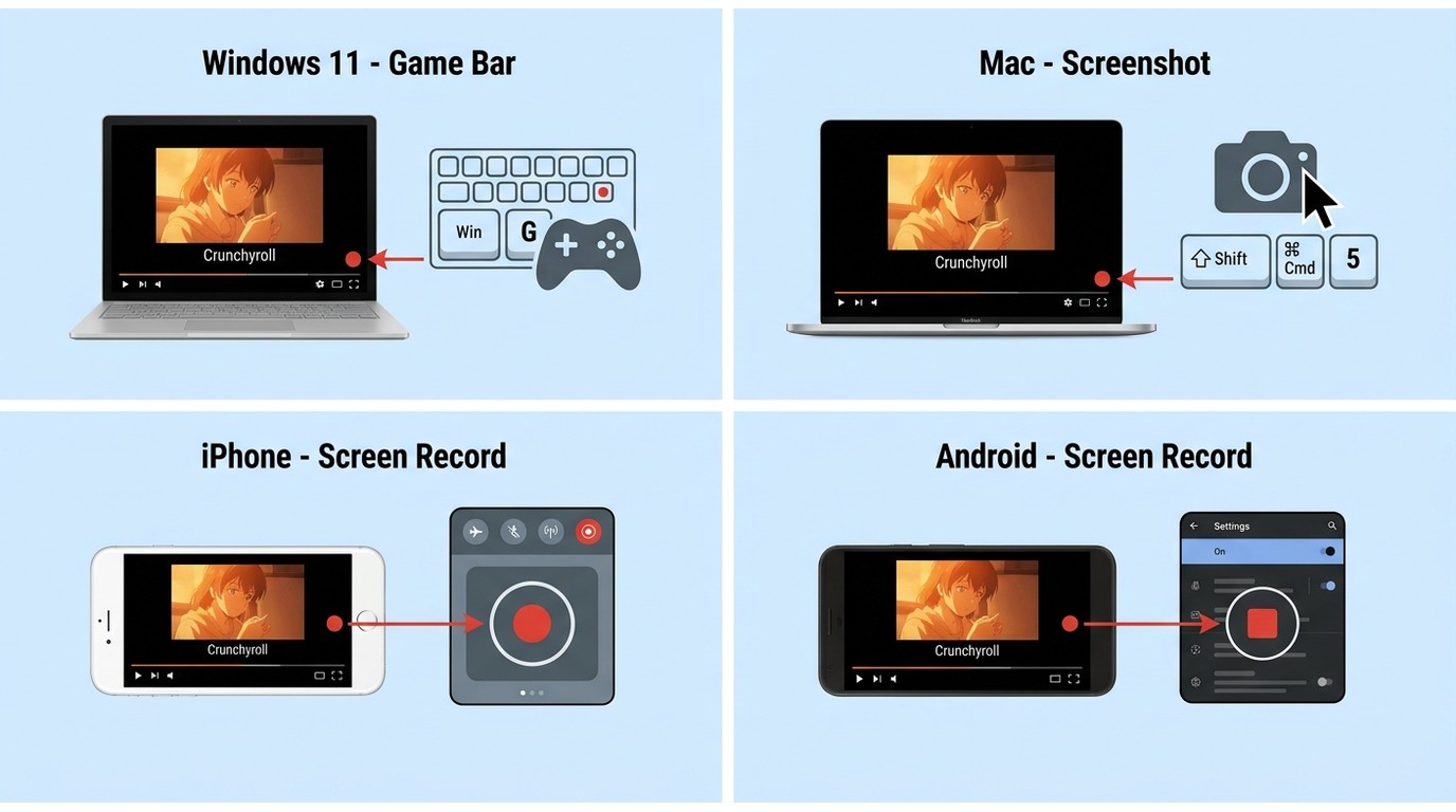 How to start Crunchyroll screen recording on Windows, Mac, iPhone, and Android