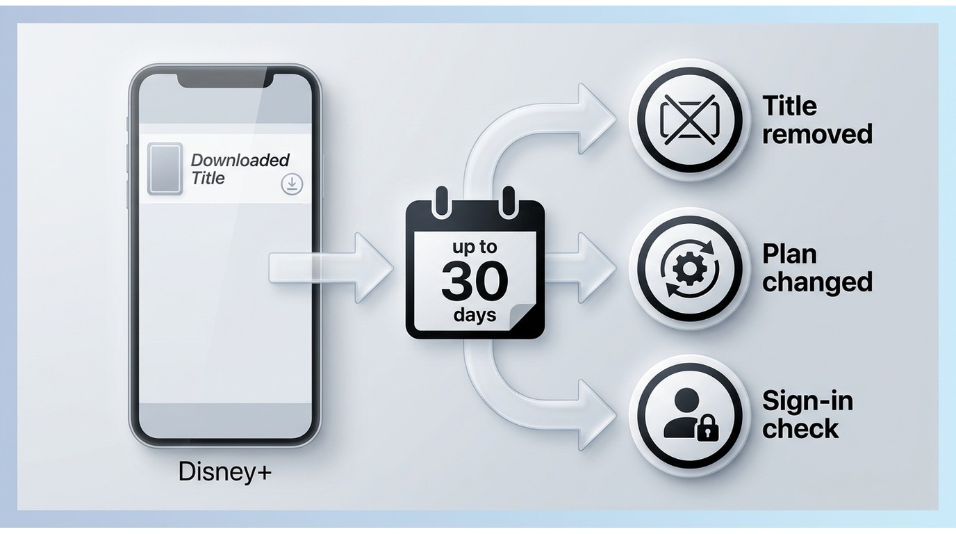 Disney+ offline download validity period illustration, including 30-day online verification and changes in video sources