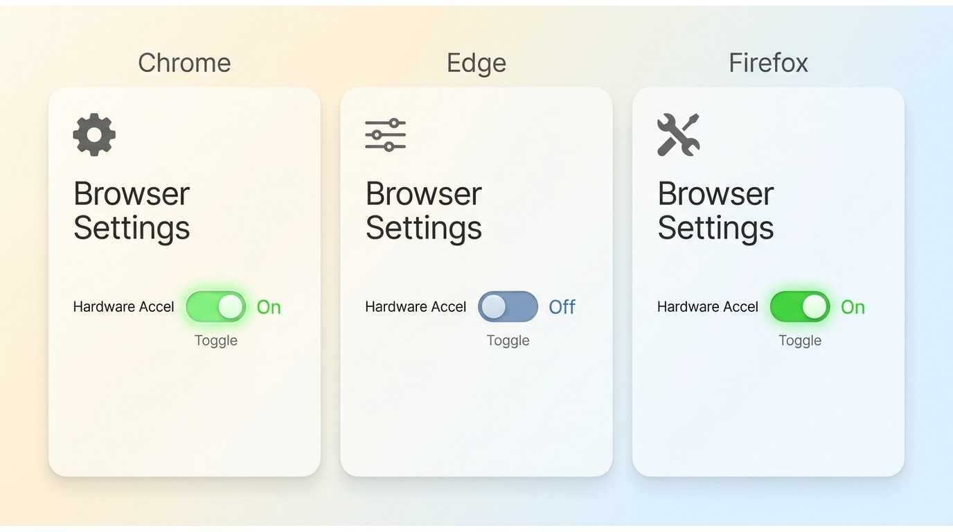 The location of the hardware acceleration toggle in Chrome, Edge, and Firefox for easy testing of OBS black screen issues