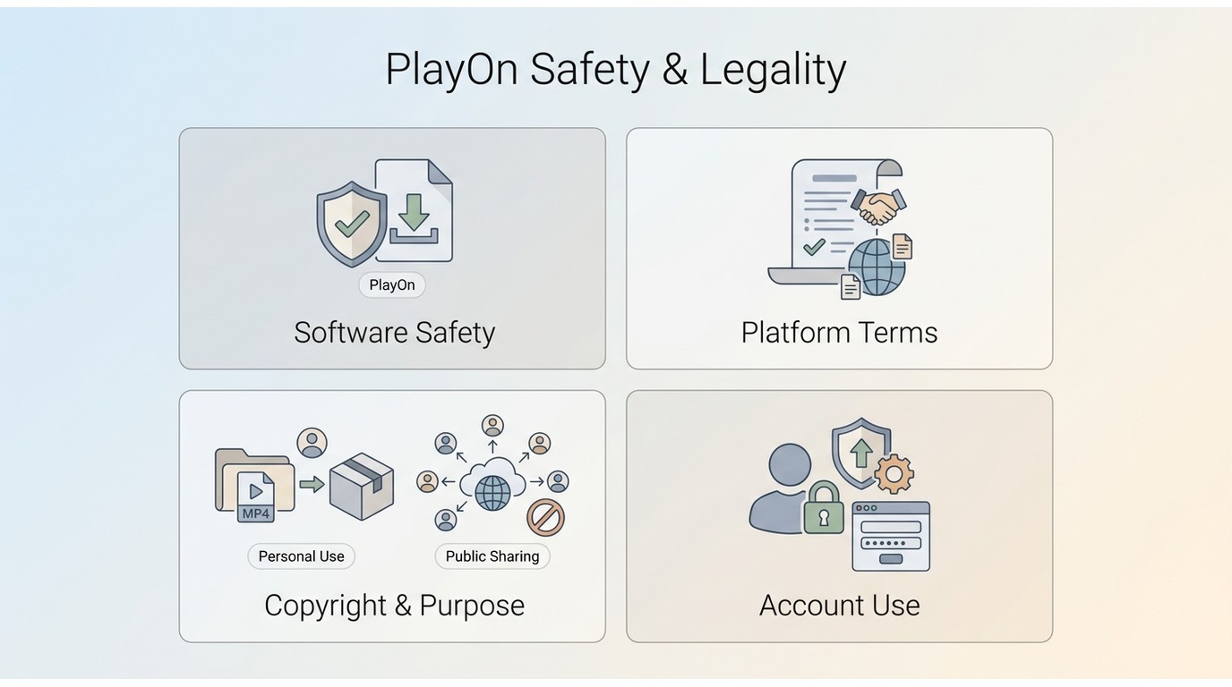 PlayOn safety and legality factors: software, platform terms, copyright, and account use