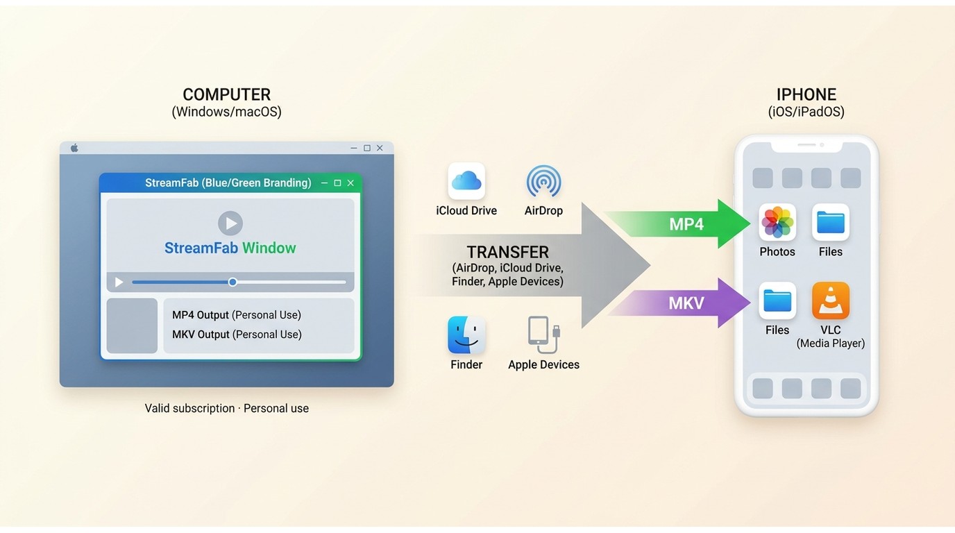 StreamFab MP4 and MKV transfer from Windows or Mac to iPhone Files, Photos, or VLC