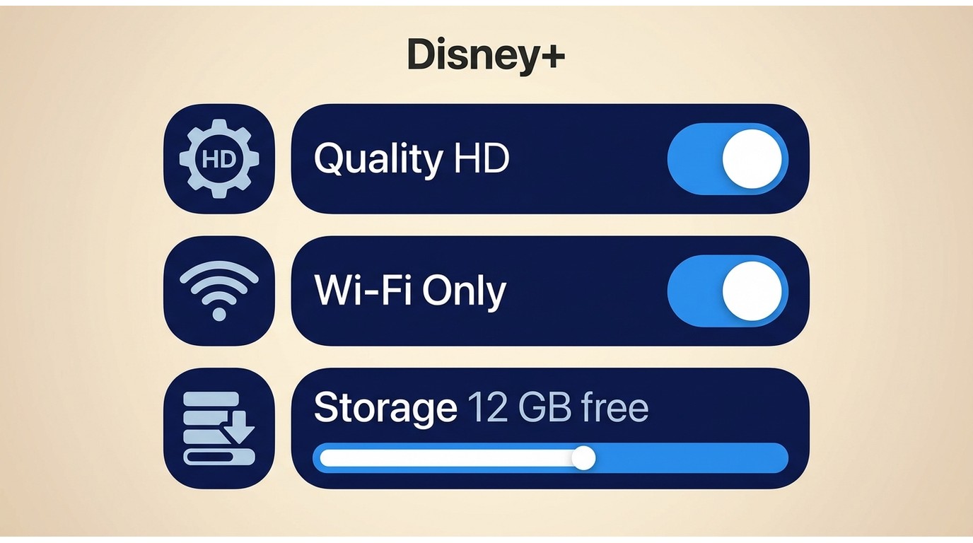 Disney+ download settings interface, including video quality, network preferences, and available storage information