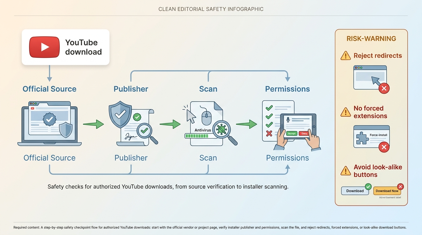 Safety checks for authorized YouTube downloads, from source verification to installer scanning