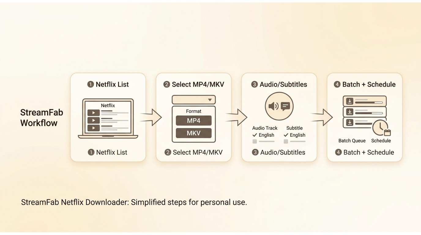 StreamFab Netflix Downloader local file process, highlighting MP4/MKV, batch, and subtitle options