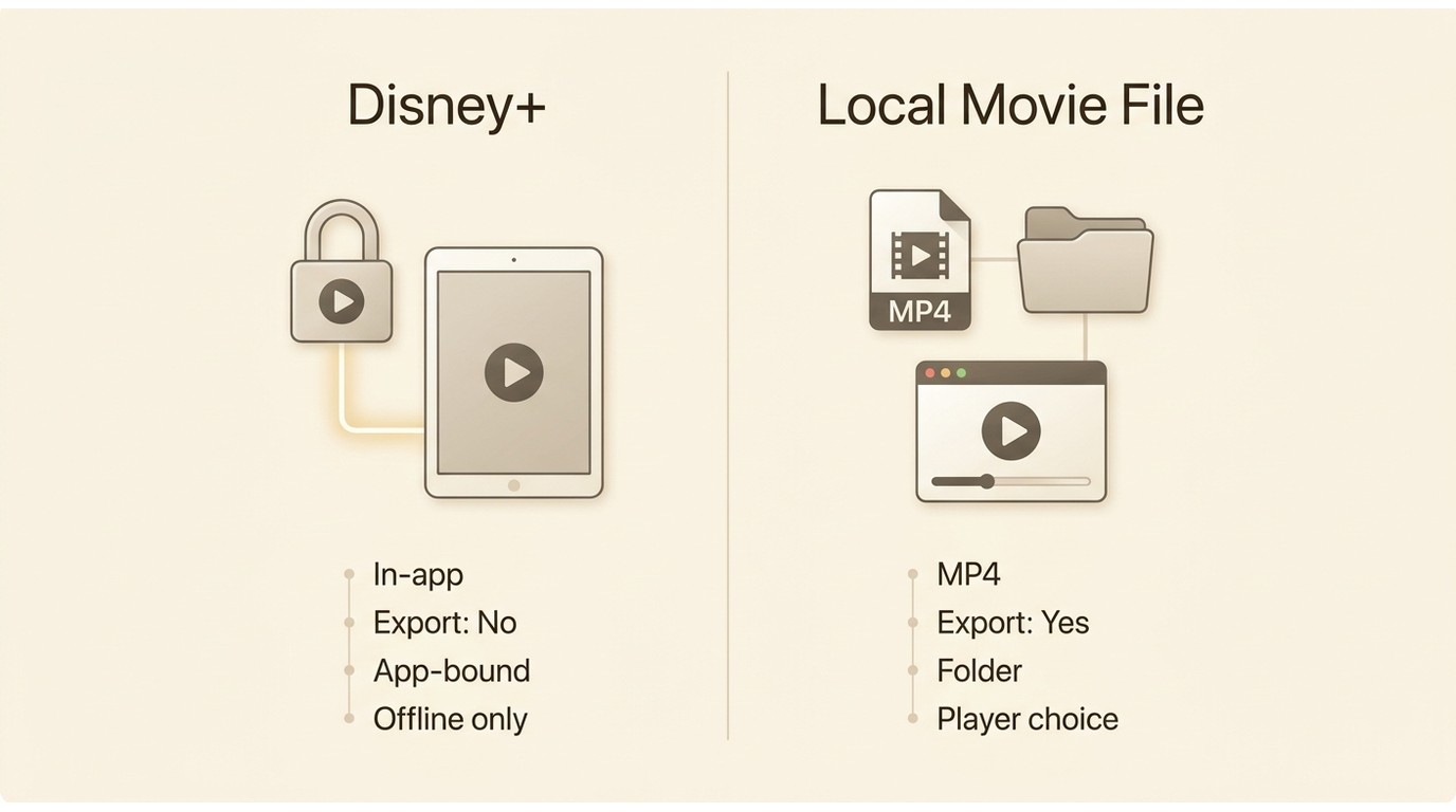 Comparison of Disney+ in-app downloads and local MP4 files for storage and playback