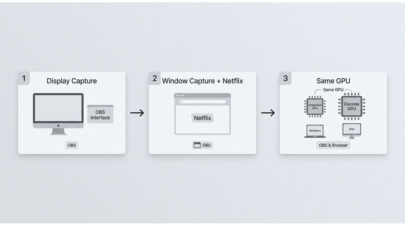OBS capture source selection and same GPU configuration illustration, covering troubleshooting paths for both Windows and Mac