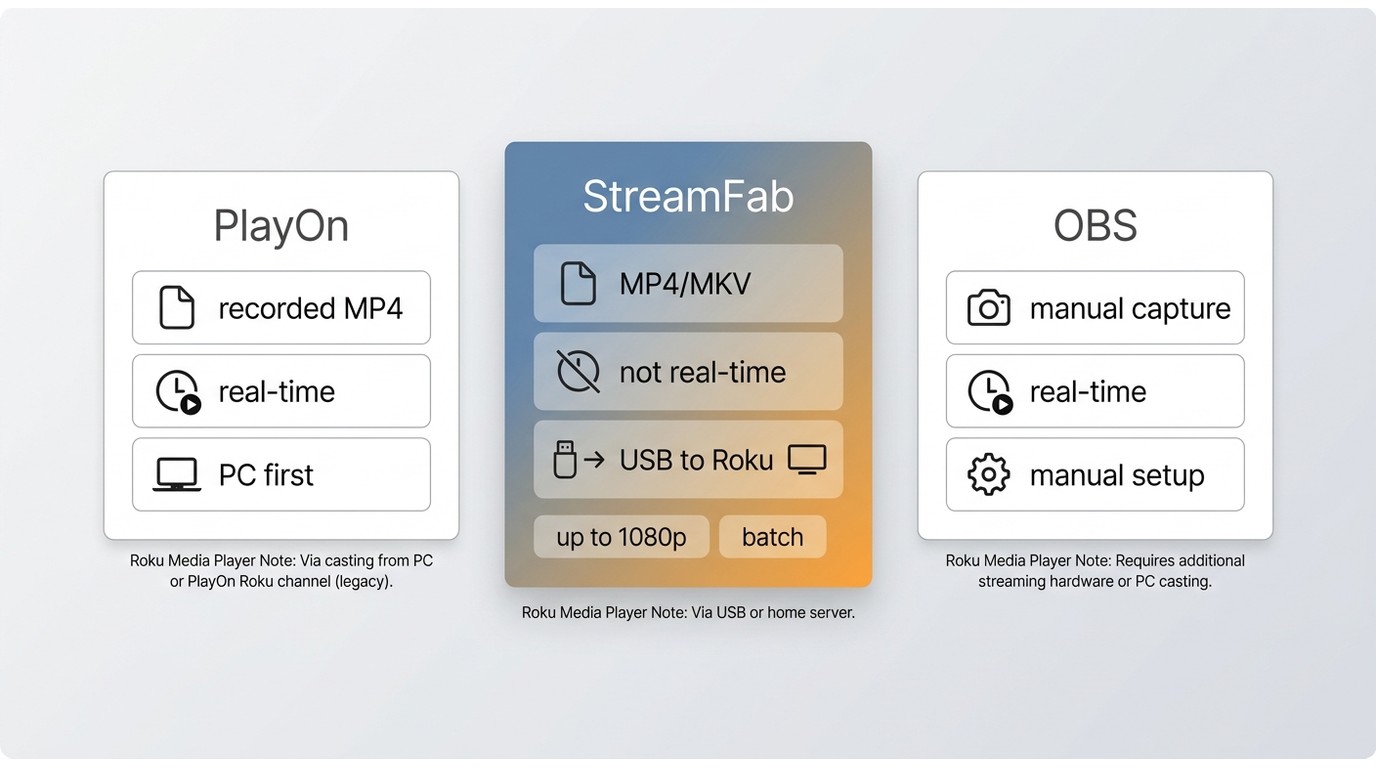 Comparison of StreamFab, PlayOn, and OBS by output, speed, and Roku playback path