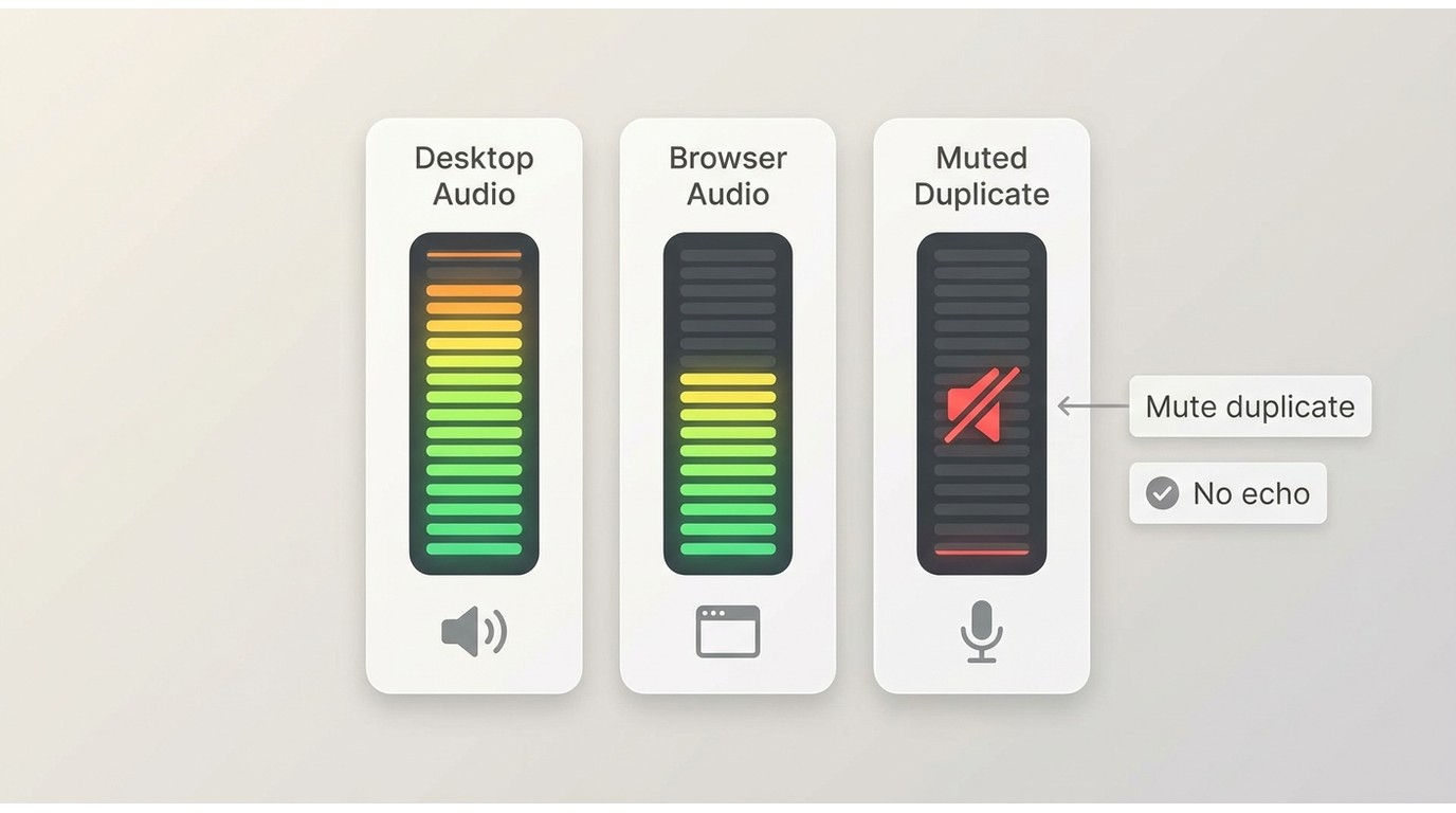 OBS audio mixer example showing desktop audio, application audio, and echo prevention handling