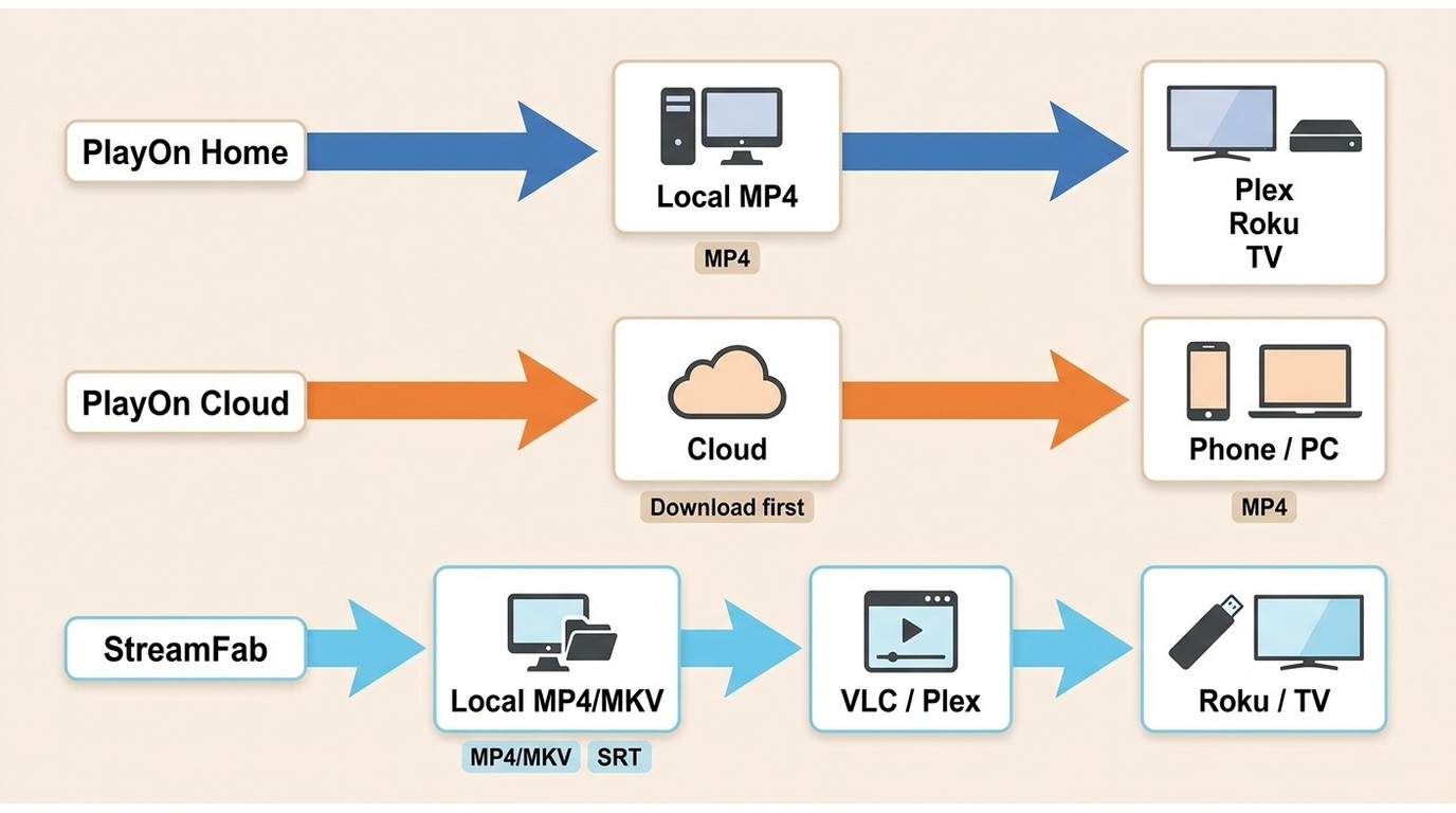 Playback workflow from PlayOn Home, PlayOn Cloud, and StreamFab to VLC, Plex, Roku, and TV