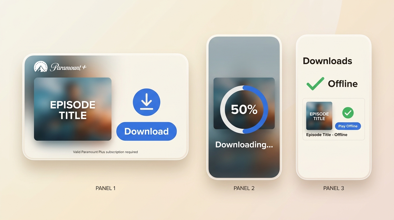 Paramount Plus episode download button and completed item in the mobile Downloads area