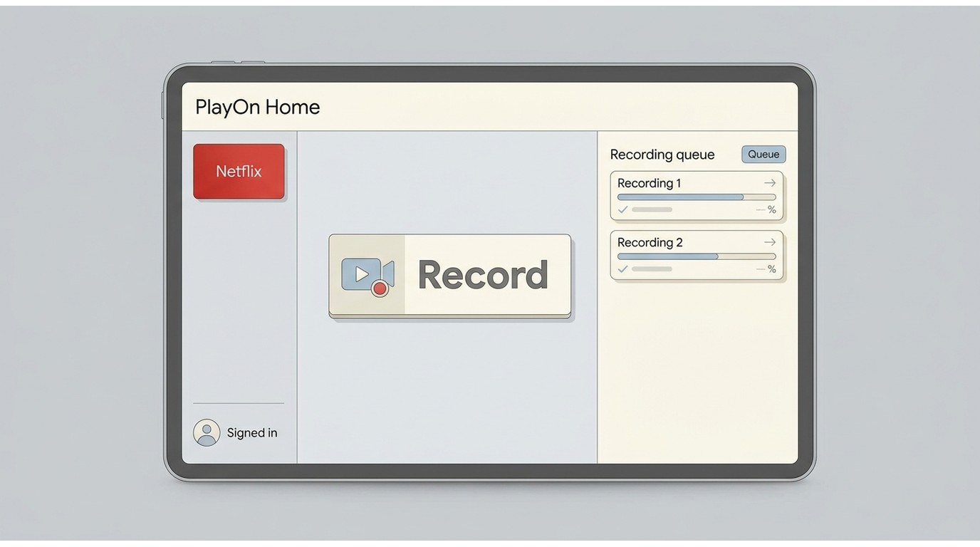 PlayOn Home on Windows with Netflix sign-in, Record control, and recording queue