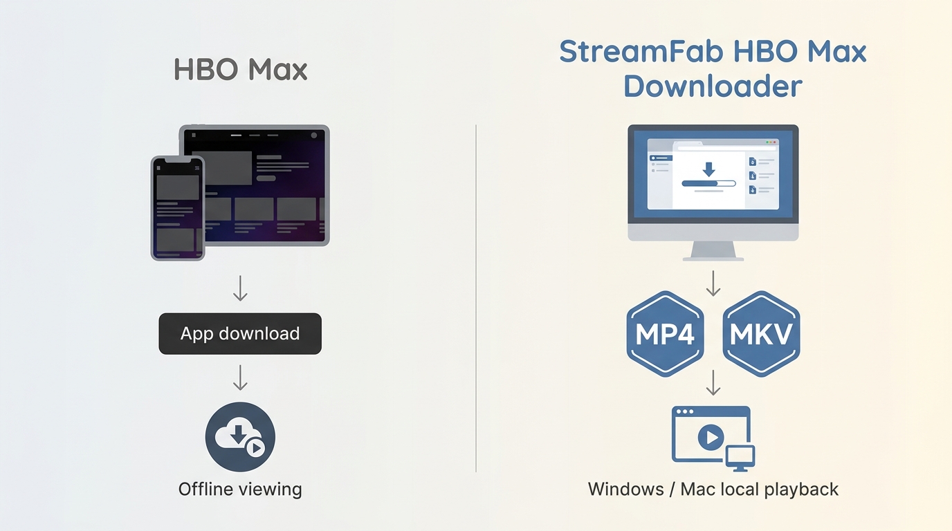 Comparison of HBO Max mobile app downloads and StreamFab local MP4 or MKV playback on Windows and Ma