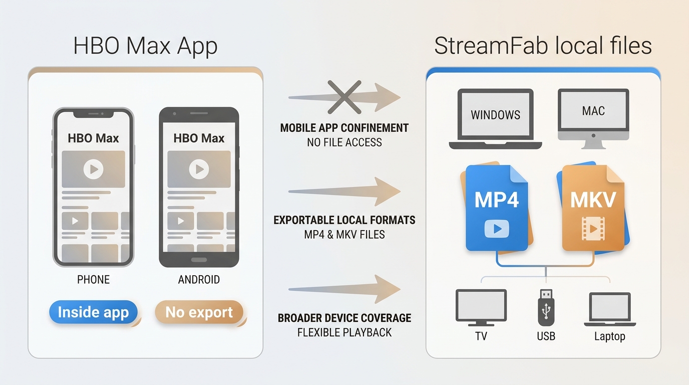 Comparison of device compatibility between the official HBO Max app download and StreamFab local file solution