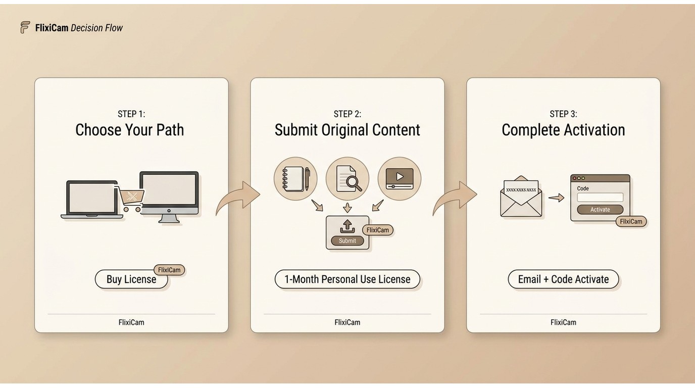 Three FlixiCam key paths: buy the right OS license, apply for a 1-month program, or use the issued e