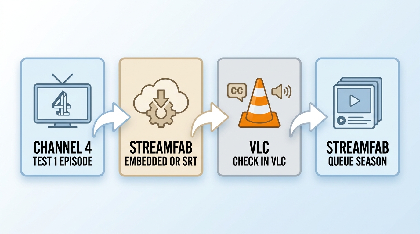 Steps to test one Channel 4 episode and confirm subtitles before downloading a full season