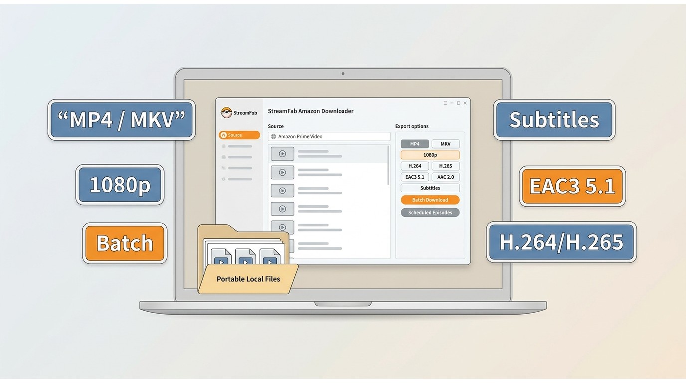 StreamFab workflow for downloading Prime Video to MP4 or MKV with subtitles and batch options.