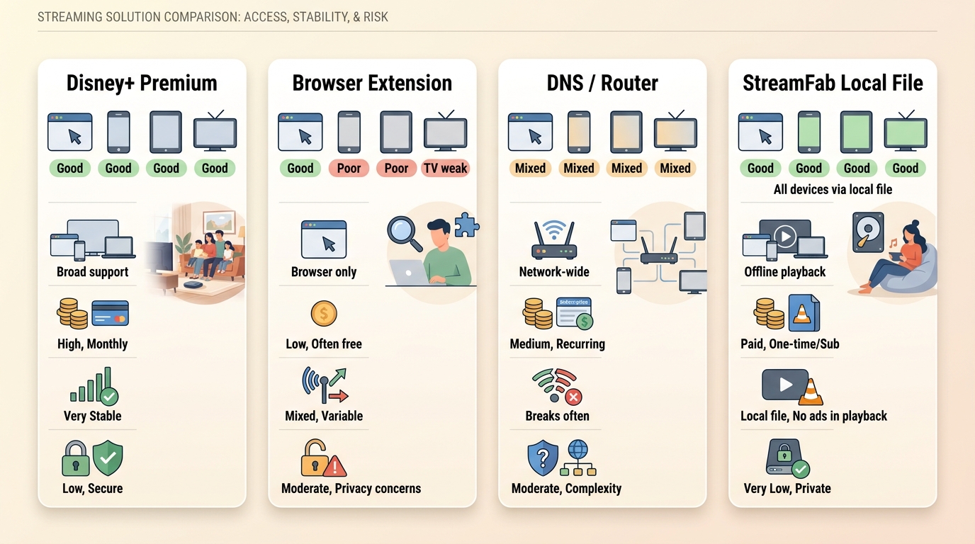 Comparison of Disney+ Premium, browser extensions, DNS filtering, and StreamFab local files by devic