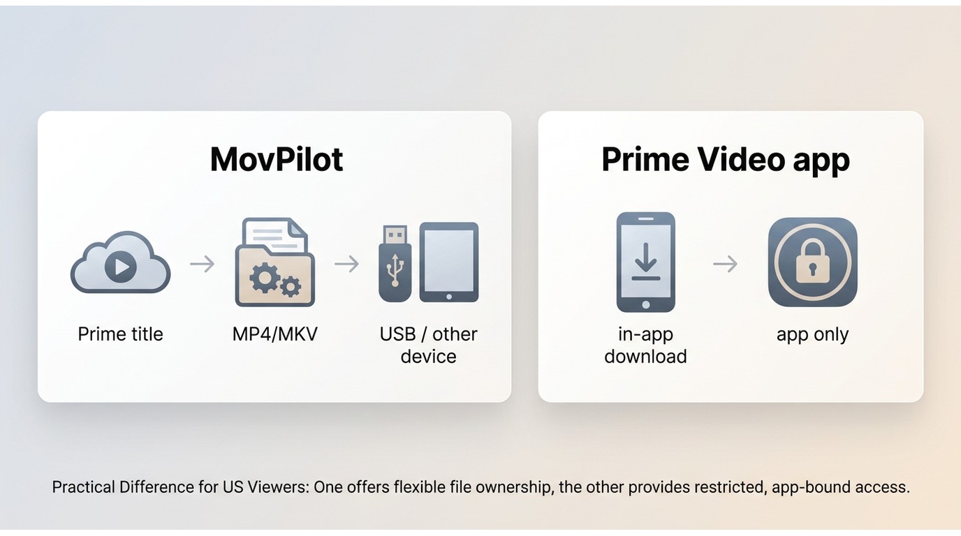 MovPilot exports MP4/MKV files that can be copied to USB, while official Prime Video downloads remain within the app