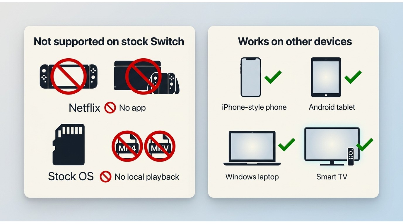 Comparison of Switch and Switch 2 limits versus devices that can run Netflix