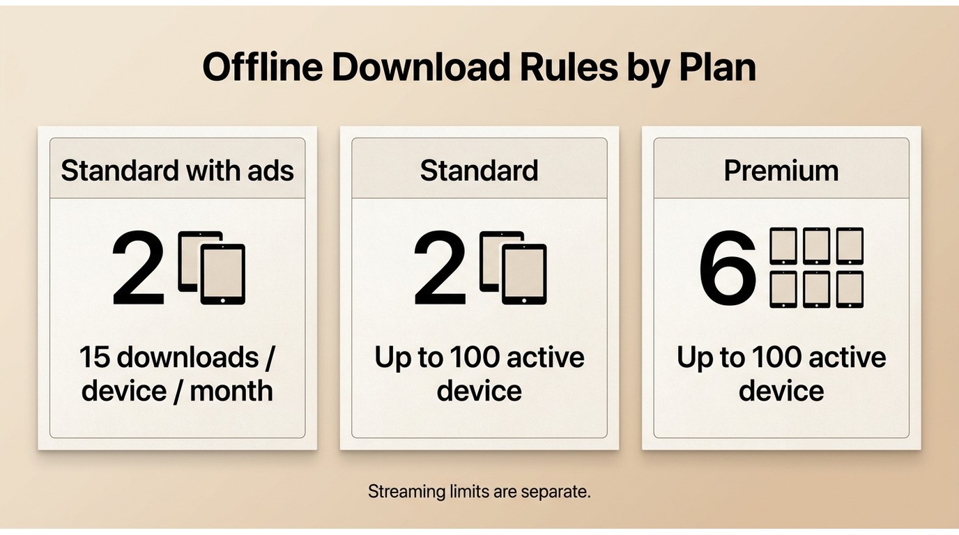 Comparison of Netflix U.S. plans by download devices, title caps, and monthly vs active rules