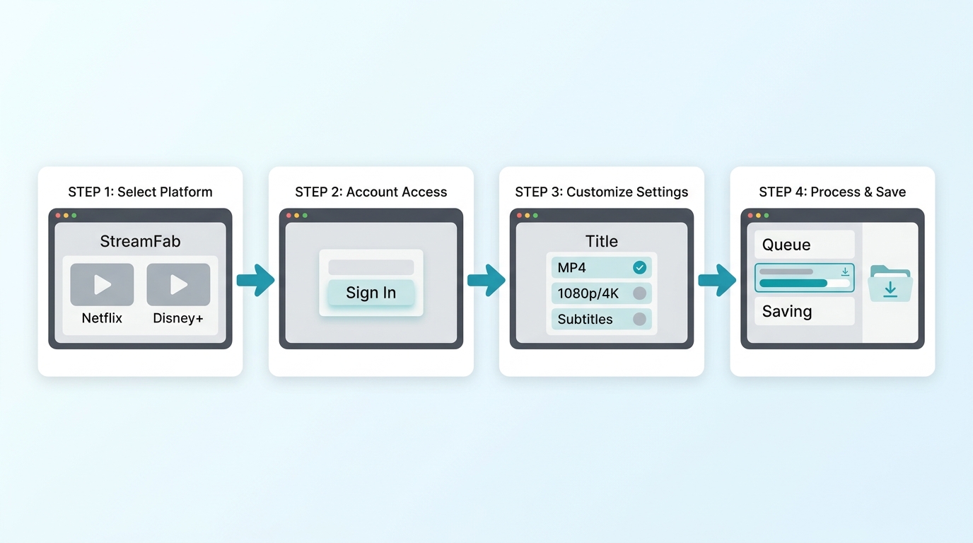 How StreamFab works from service selection and sign-in to choosing output and saving files