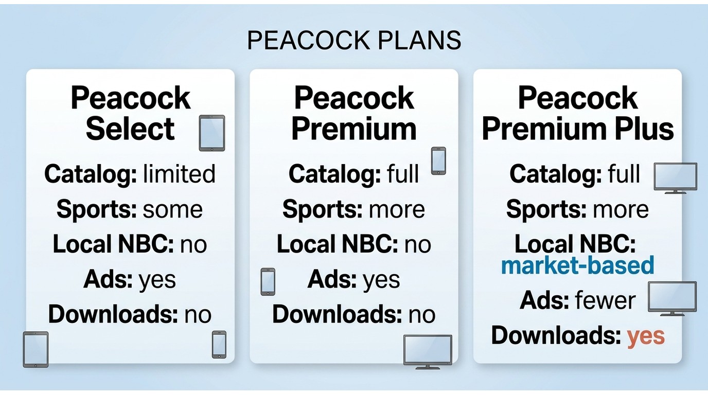 Comparison of Peacock Select, Premium, and Premium Plus for sports, local NBC, ads, and downloads
