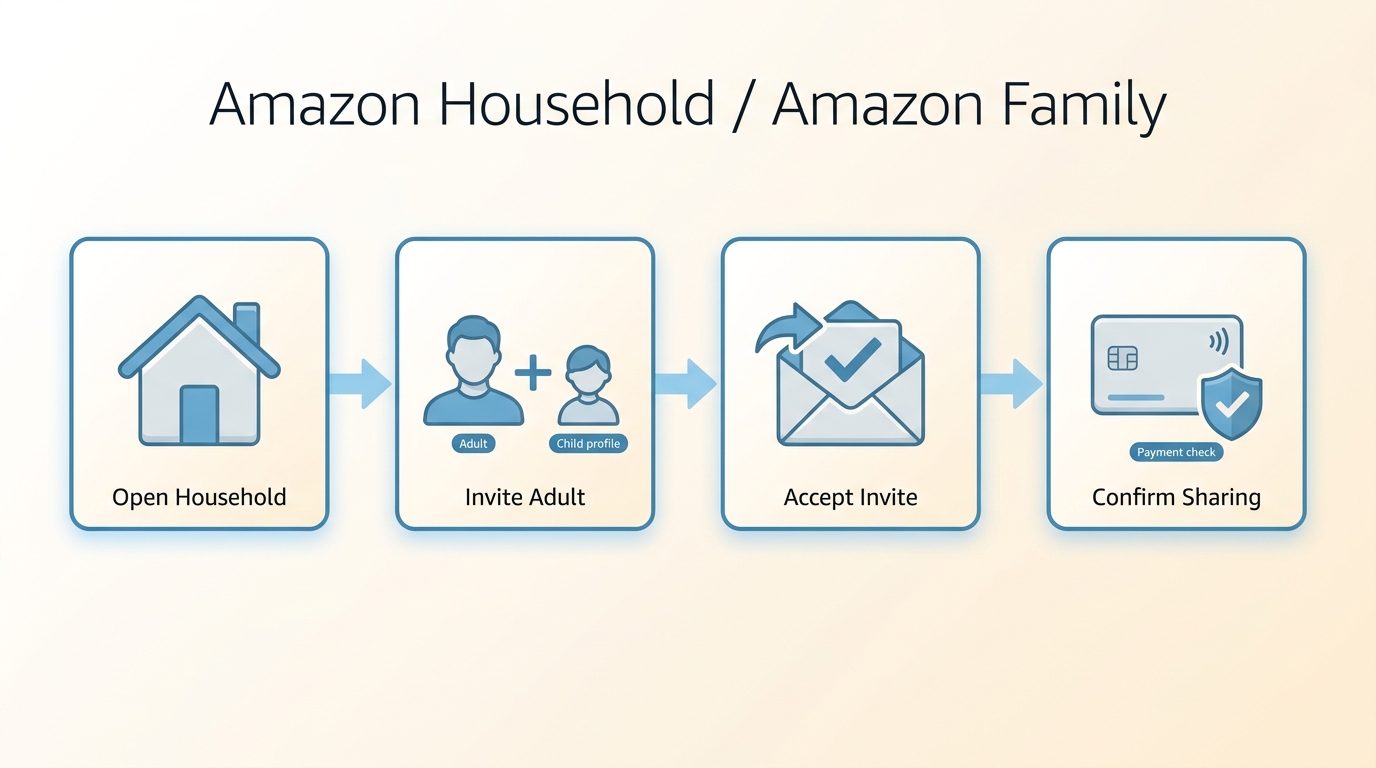 Amazon Family's process and confirmation steps for inviting another adult or adding a child profile