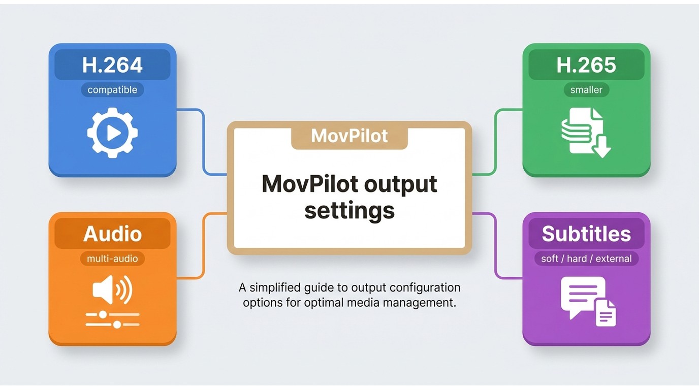 MovPilot Output Settings Comparison: H.264, H.265, Audio Track and Subtitle Options