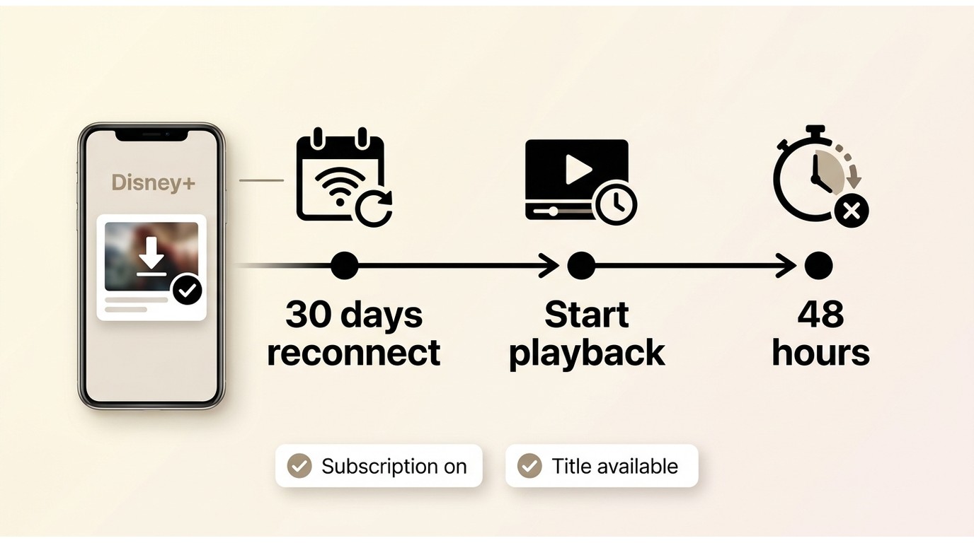 Timeline of Disney+ download expiration rules with 30-day reconnect and 48-hour playback window