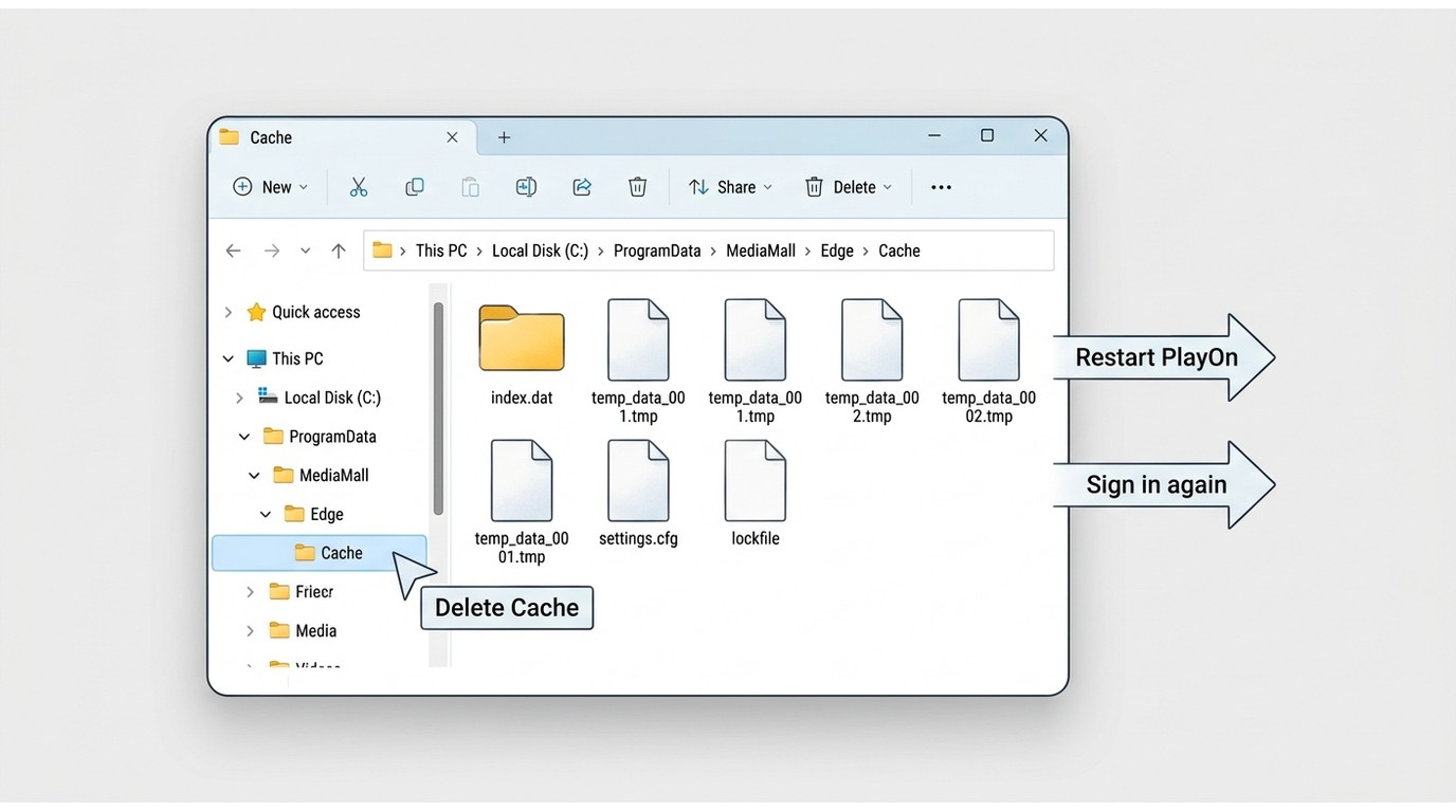 Windows File Explorer view of the MediaMall Edge Cache folder used for the PlayOn reset