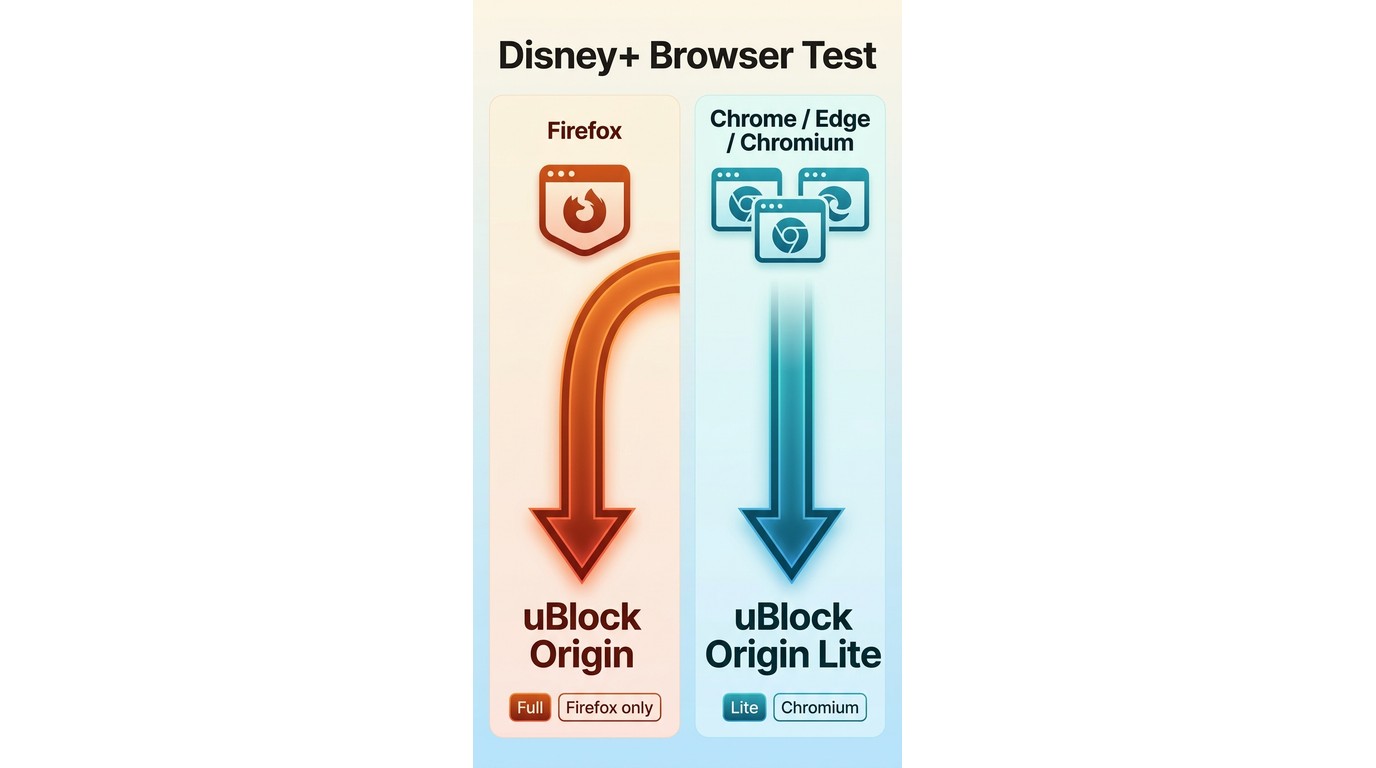 Firefox uses uBlock Origin, while Chrome and Edge use uBlock Origin Lite for Disney+ testing.