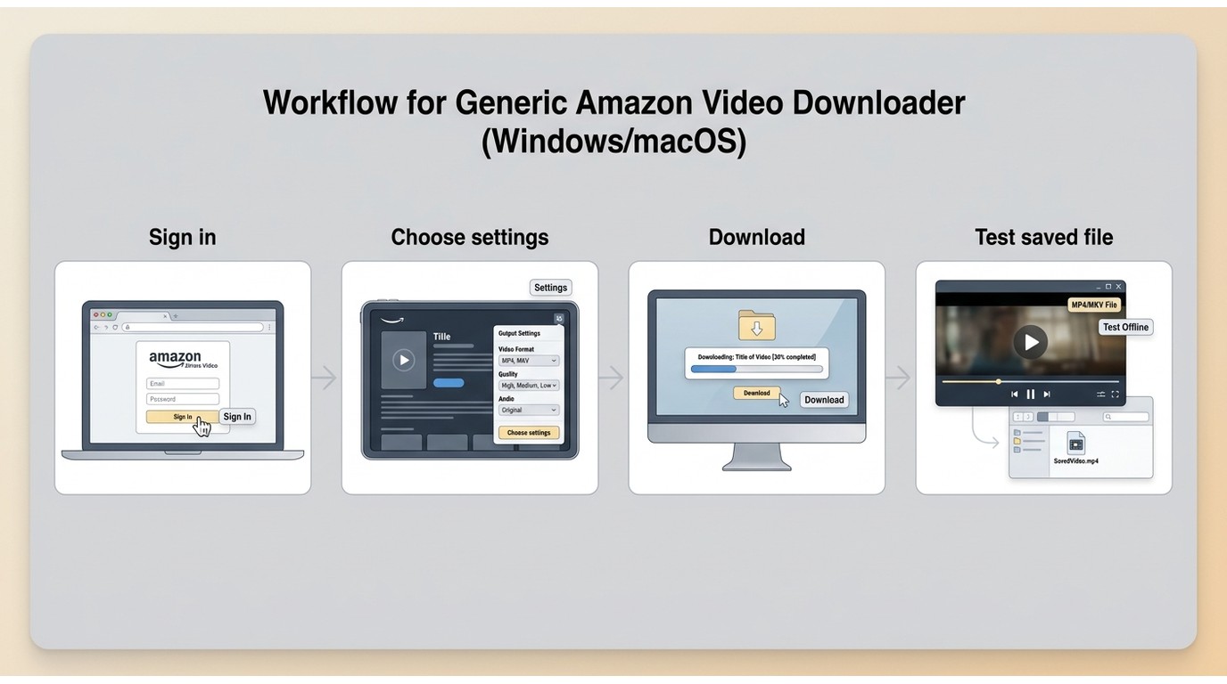 How TuneFab VideOne works in four steps from Amazon sign-in to testing the saved video file.